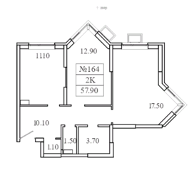 ЖК «Видный берег 2», планировка 2-комнатной квартиры, 57.90 м²