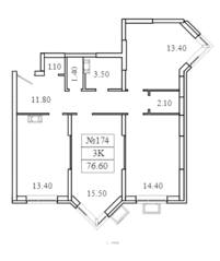 ЖК «Видный берег 2», планировка 3-комнатной квартиры, 76.60 м²