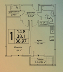 ЖК «Кратовоград», планировка 1-комнатной квартиры, 38.97 м²