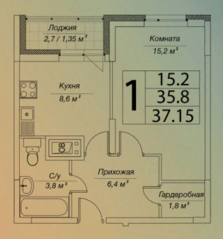 ЖК «Кратовоград», планировка 1-комнатной квартиры, 37.15 м²