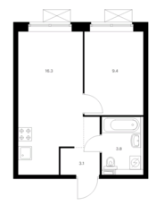 ЖК «Новохохловская 15», планировка 1-комнатной квартиры, 32.60 м²