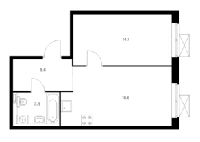 ЖК «Новохохловская 15», планировка 1-комнатной квартиры, 42.70 м²