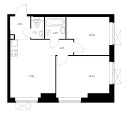 ЖК «Новохохловская 15», планировка 2-комнатной квартиры, 53.00 м²