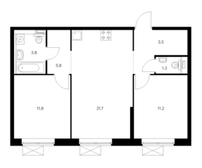 ЖК «Новохохловская 15», планировка 2-комнатной квартиры, 59.10 м²
