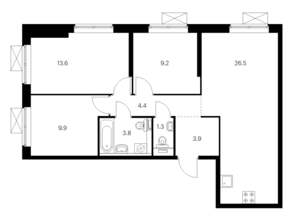 ЖК «Новохохловская 15», планировка 3-комнатной квартиры, 72.60 м²