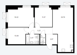 ЖК «Новохохловская 15», планировка 3-комнатной квартиры, 78.96 м²
