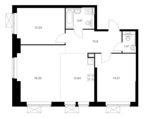 ЖК «Новохохловская 15», планировка 3-комнатной квартиры, 74.78 м²
