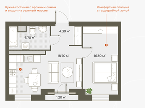 ЖК «Аура», планировка 1-комнатной квартиры, 46.00 м²