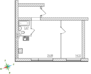 МЖК «Тихий город», планировка 1-комнатной квартиры, 48.38 м²