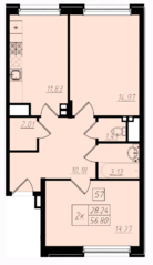 МЖК «Бристоль Москва», планировка 2-комнатной квартиры, 56.80 м²