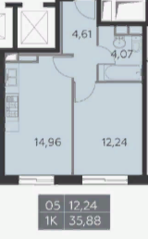 ЖК «Я51», планировка 1-комнатной квартиры, 35.88 м²
