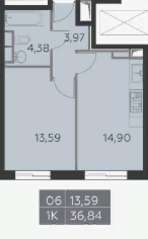 ЖК «Я51», планировка 1-комнатной квартиры, 36.84 м²