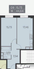 ЖК «Я51», планировка 1-комнатной квартиры, 44.64 м²