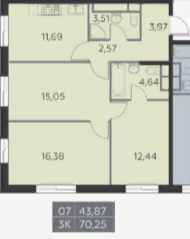 ЖК «Я51», планировка 3-комнатной квартиры, 70.25 м²