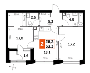 ЖК «Sky Garden», планировка 2-комнатной квартиры, 53.30 м²