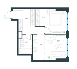 МФК «Level Южнопортовая», планировка 2-комнатной квартиры, 44.00 м²