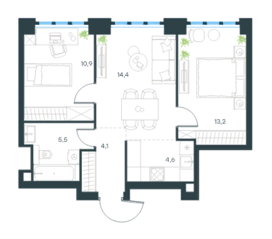МФК «Level Южнопортовая», планировка 3-комнатной квартиры, 52.70 м²
