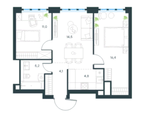 МФК «Level Южнопортовая», планировка 3-комнатной квартиры, 56.10 м²