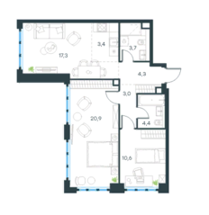 МФК «Level Южнопортовая», планировка 3-комнатной квартиры, 67.60 м²