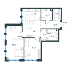 МФК «Level Южнопортовая», планировка 3-комнатной квартиры, 72.20 м²