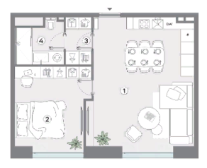 Апарт-комплекс «Cult», планировка 1-комнатной квартиры, 53.32 м²