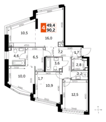 ЖК «Rotterdam», планировка 4-комнатной квартиры, 90.60 м²