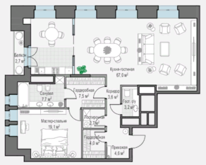 ЖК «Клубный дом Чистые Пруды», планировка 2-комнатной квартиры, 119.00 м²