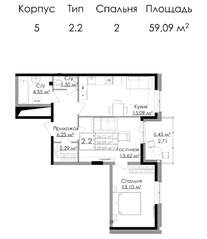 ЖК «Малая Финляндия», планировка 2-комнатной квартиры, 59.09 м²