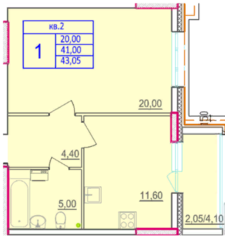 ЖК «по улице Макаренко», планировка 1-комнатной квартиры, 43.05 м²