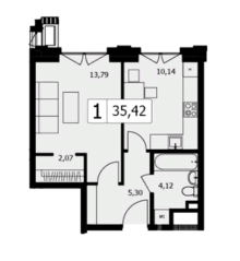 ЖК «TWICE», планировка 1-комнатной квартиры, 35.40 м²