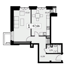ЖК «TWICE», планировка 1-комнатной квартиры, 47.70 м²