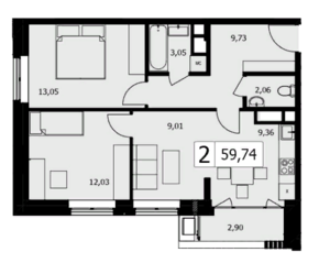 ЖК «TWICE», планировка 2-комнатной квартиры, 58.40 м²