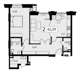 ЖК «TWICE», планировка 2-комнатной квартиры, 62.20 м²