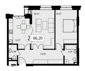 ЖК «TWICE», планировка 2-комнатной квартиры, 66.30 м²