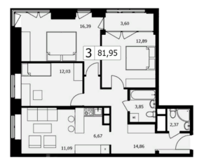 ЖК «TWICE», планировка 3-комнатной квартиры, 80.00 м²