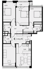 ЖК «TWICE», планировка 4-комнатной квартиры, 114.30 м²