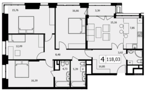 ЖК «TWICE», планировка 4-комнатной квартиры, 116.50 м²