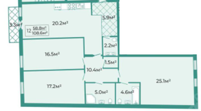 ЖК «Халькон», планировка 3-комнатной квартиры, 108.60 м²