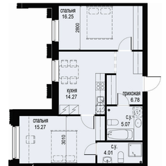 ЖК «ID Moskovskiy», планировка 3-комнатной квартиры, 68.14 м²