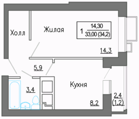 МЖК «Новое Замитино», планировка 1-комнатной квартиры, 33.00 м²