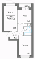 МЖК «Новое Замитино», планировка 2-комнатной квартиры, 49.80 м²