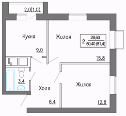 МЖК «Новое Замитино», планировка 2-комнатной квартиры, 50.40 м²
