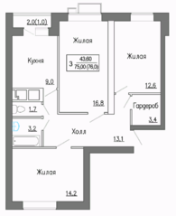 МЖК «Новое Замитино», планировка 3-комнатной квартиры, 75.00 м²