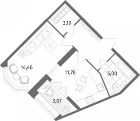 ЖК «Новое Купчино», планировка 1-комнатной квартиры, 43.08 м²
