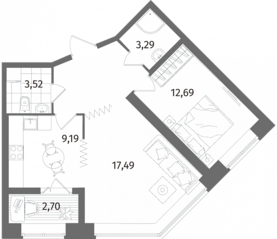 ЖК «Новое Купчино», планировка 2-комнатной квартиры, 55.38 м²