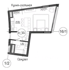 Апарт-отель Клубный дом «Рублево», планировка студии, 34.64 м²