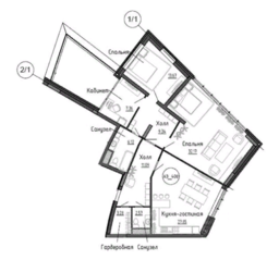Апарт-отель Клубный дом «Рублево», планировка 3-комнатной квартиры, 114.12 м²