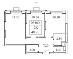 ЖК «Видный берег 2», планировка 2-комнатной квартиры, 48.20 м²