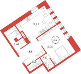 ЖК «Ariosto!», планировка 1-комнатной квартиры, 48.21 м²