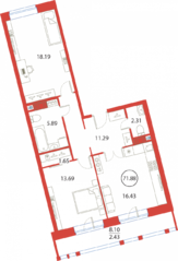 ЖК «Ariosto!», планировка 2-комнатной квартиры, 71.88 м²